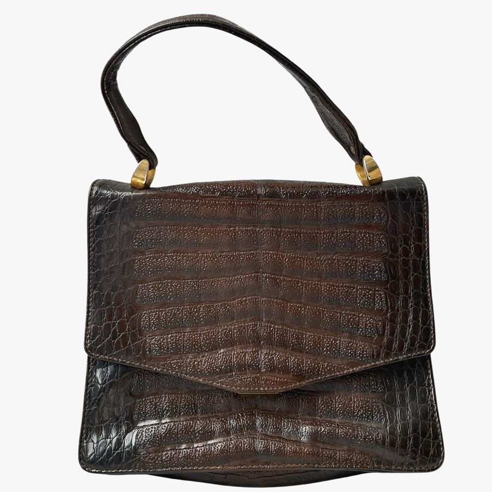 Dark Brown Crocodile-Embossed Shoulder Bag